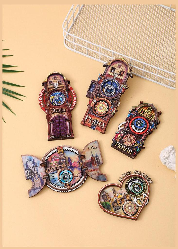 Prague Astronomical Clock 3D Wooden Magnet with Rotating Gears - Czech Travel Souvenir