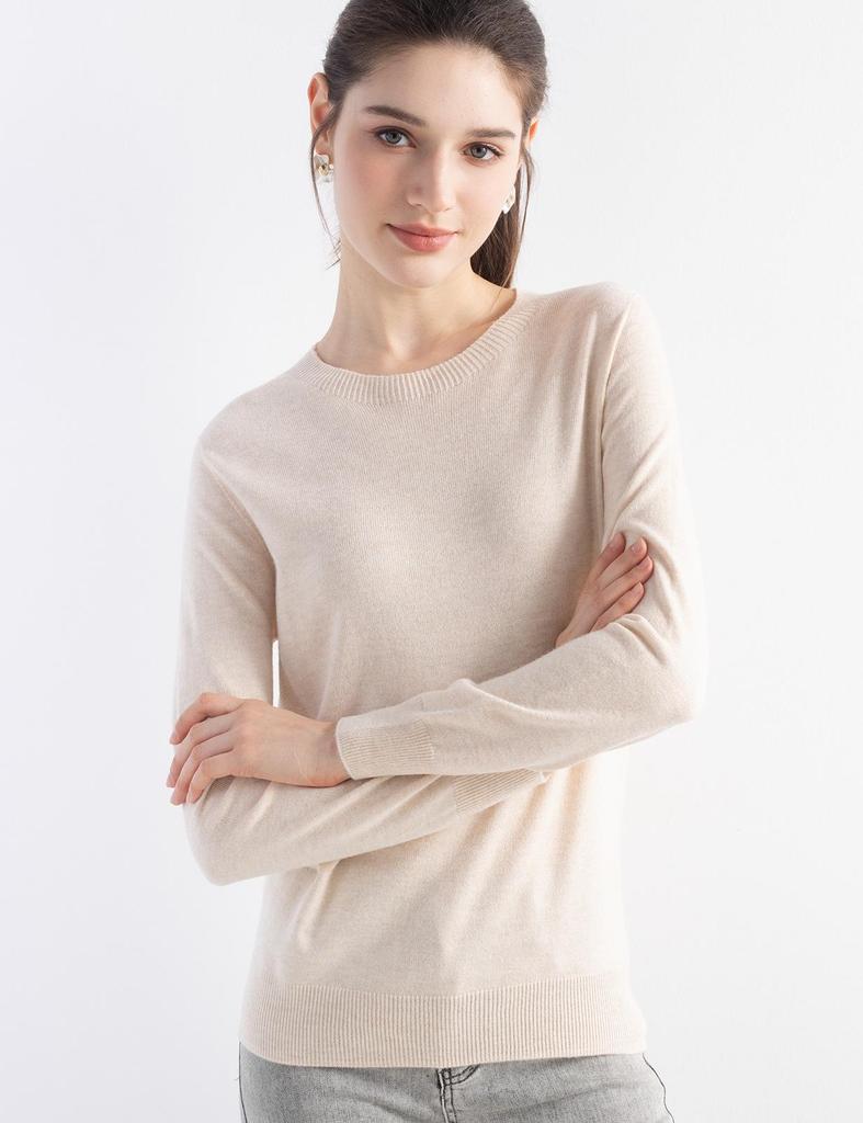 Women's Solid Color Wool Pullover Sweater - Round Neck, Long Sleeve, Versatile Base Layer Knitwear