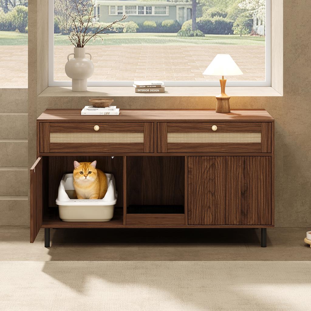 Cat Litter Box Cabinet with Litter Mat, Pet Cabinet with Rattan Drawers, Sideboard/TV Cabinet, Without Litter Box, Walnut, 120x50x65 Cm