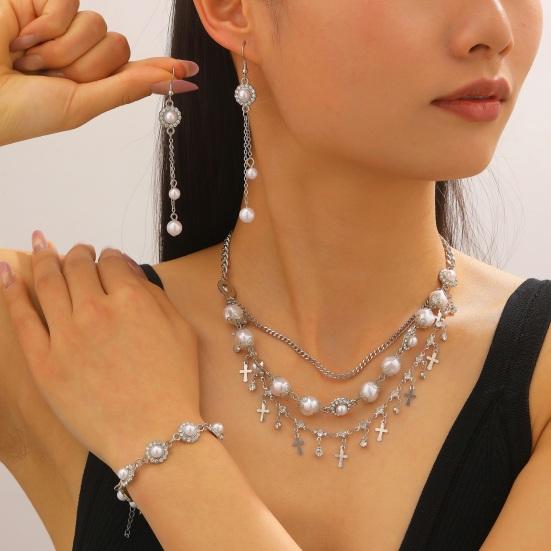 3Pcs/Set Women Jewelry Set Rhinestones Inlaid Imitation Pearls Charm Necklace Drop Earrings Bracelet Set Dating Commuting Jewelry Set