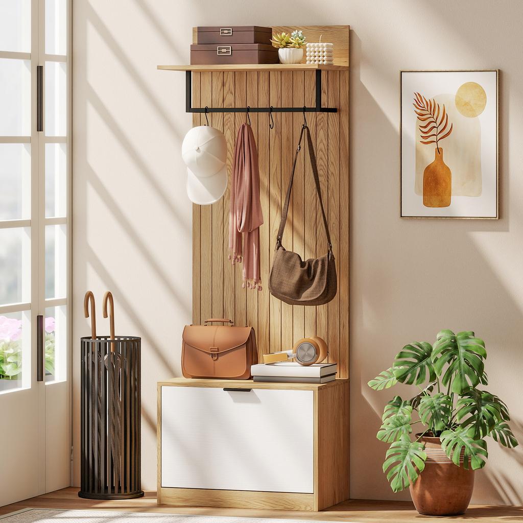 5-in-1 Entryway Coat Rack with Fold-Down Shoe Bench, Shelf and 4 Hooks, 60x30x170cm, Oak
