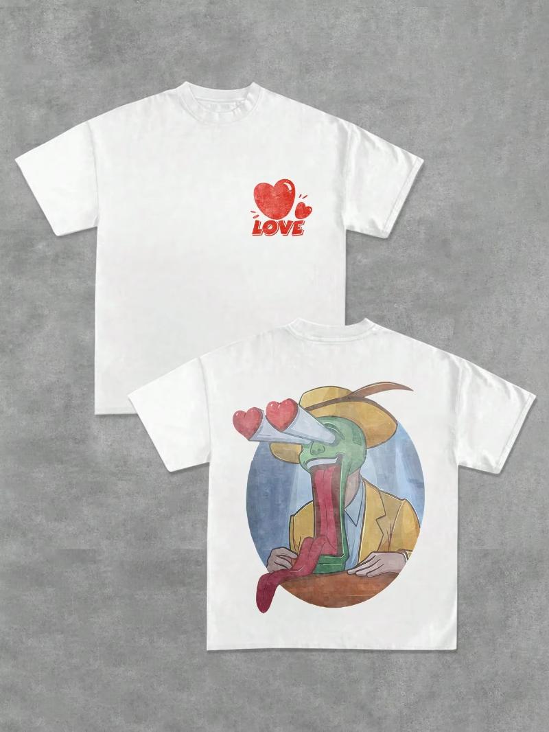 Un Themed Round Neck Tshirt with LOVE and Heart Graphic Print Short Sleeves Tops Vintage Y2K DoubleSided Printed Tshirt 4XL