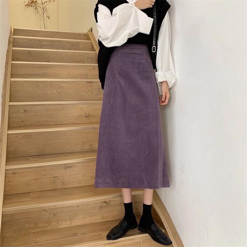Korean Style Corduroy A-Line Pencil Skirt, Women's Mid-Length, Autumn/Winter, Hip-Hugging Design with Slit