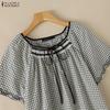 ZANZEA Women Plaid Print Summer Casual Round Neck Short Sleeve Blouse