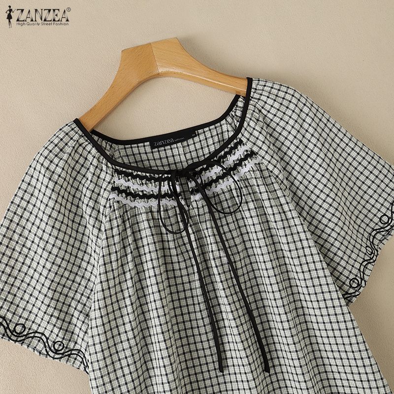 ZANZEA Women Plaid Print Summer Casual Round Neck Short Sleeve Blouse