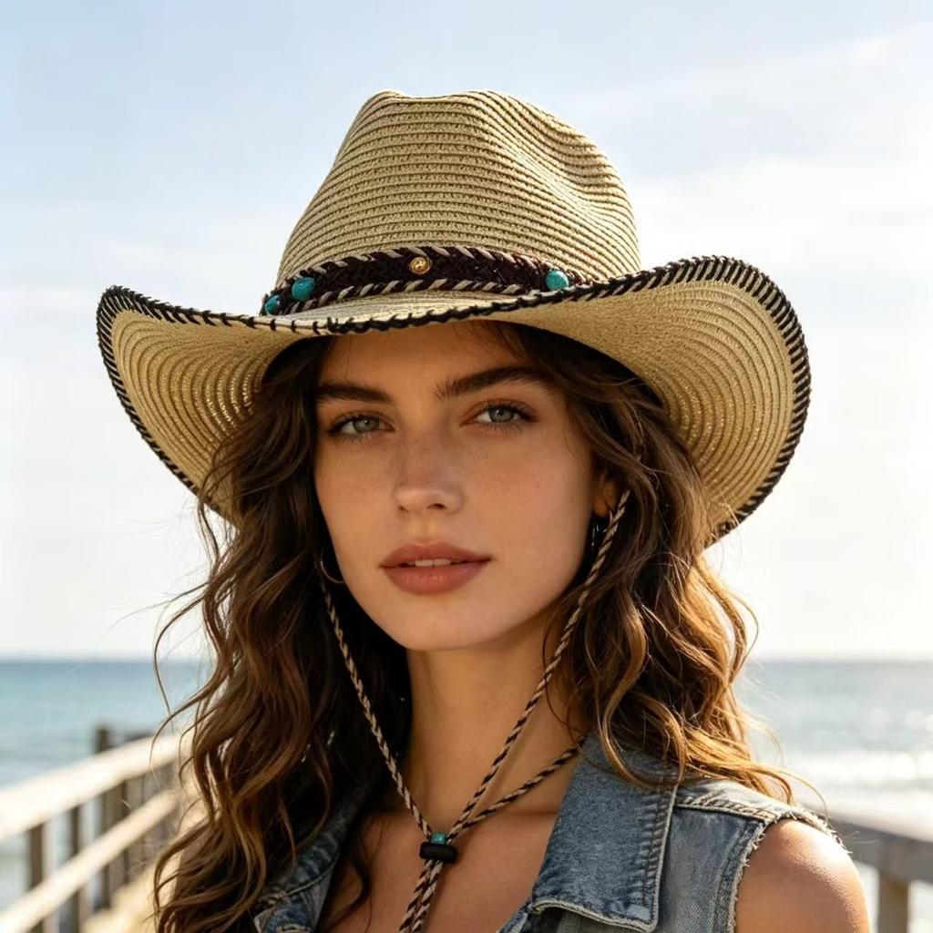 Cowboy Hat Western Male and Female Duck Tongue Fisherman Eaves Sunscreen Straw Hat Outdoor Shading Tourism Mountaineering Tibetan Self-operated