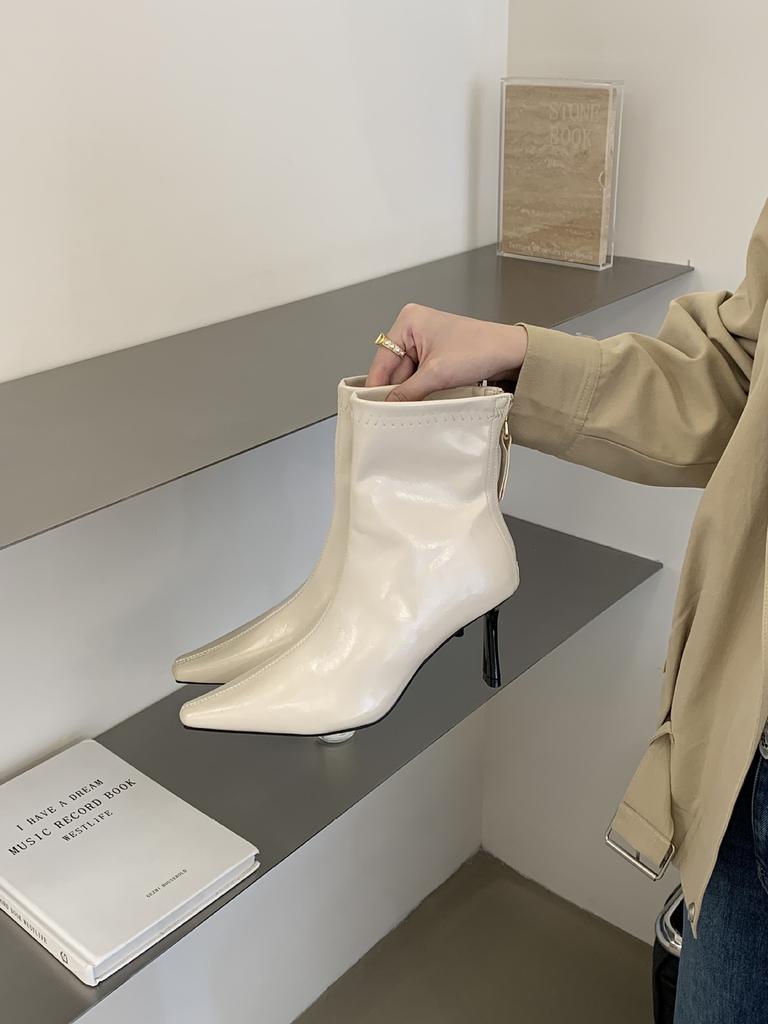Off-white high-heeled short boots women's new pointed elastic thin boots thin-heeled short boots women's autumn and winter Martin boots