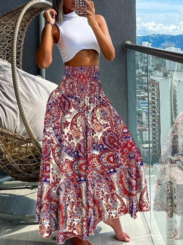 Fashion Cotton Women Floral Print Skirt Side Tie Beach Skirts Summer High Waist Wrap Flower Long Skirt