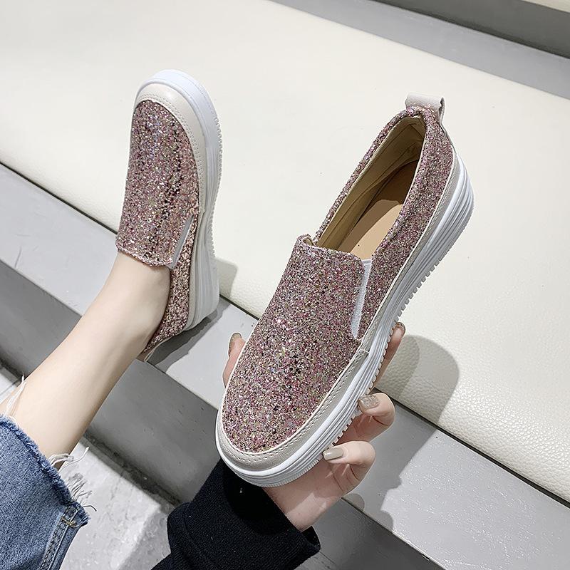 Platform Muffin Sole Women Shoes  Spring New One-Pedal Loafers Fashion Versatile Casual Shoes Trendy Design Sequins Sneakers
