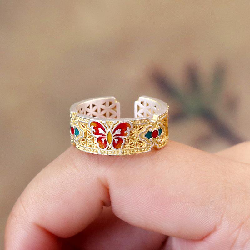 Серебряное кольцо-бабочка с эмалью для женщин - Сказочный стиль, Открывающееся, Китайский дизайн Adjustable Opening