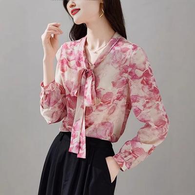 Elegant Ribbon Printed Long Sleeved Shirt for Women, Spring Commuting Versatile Shirt