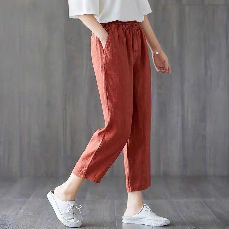 Cotton Linen Casual Female Pants Korean Style Loose Tapered Long Pants For Women