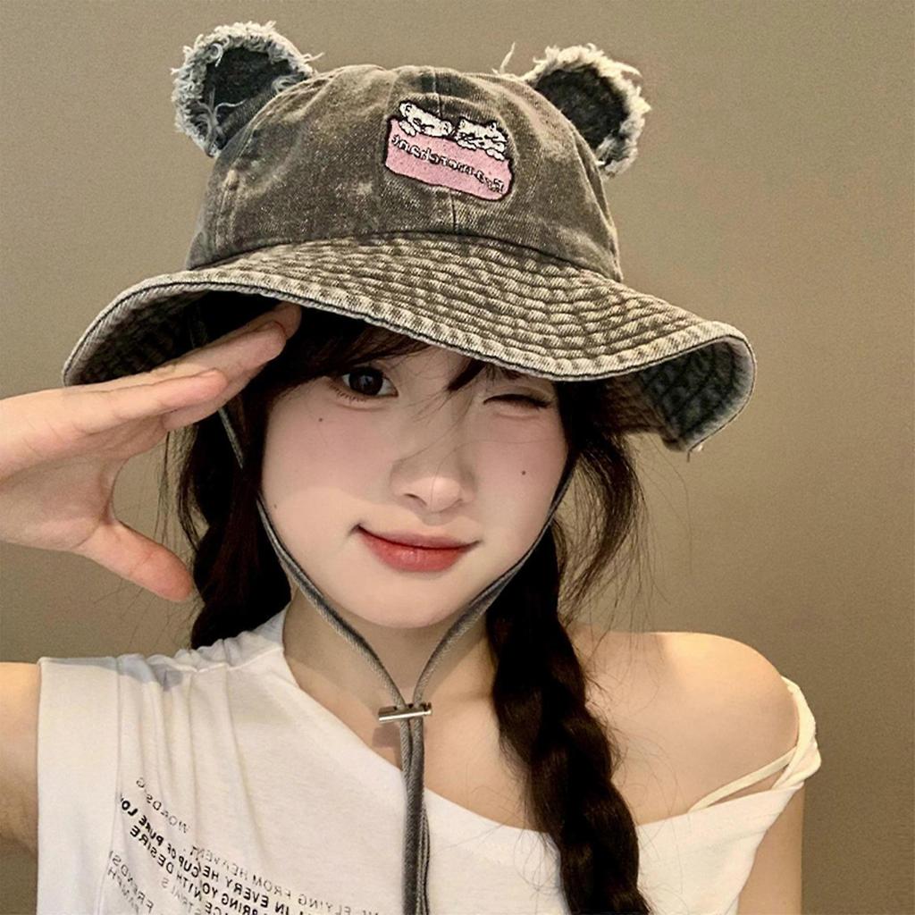Multiuse Cotton Fisherman Hat with Bear Ear Spring Windproof Bucket Hat Soft Floppy Hat for Female Hiking and Camping  Pink