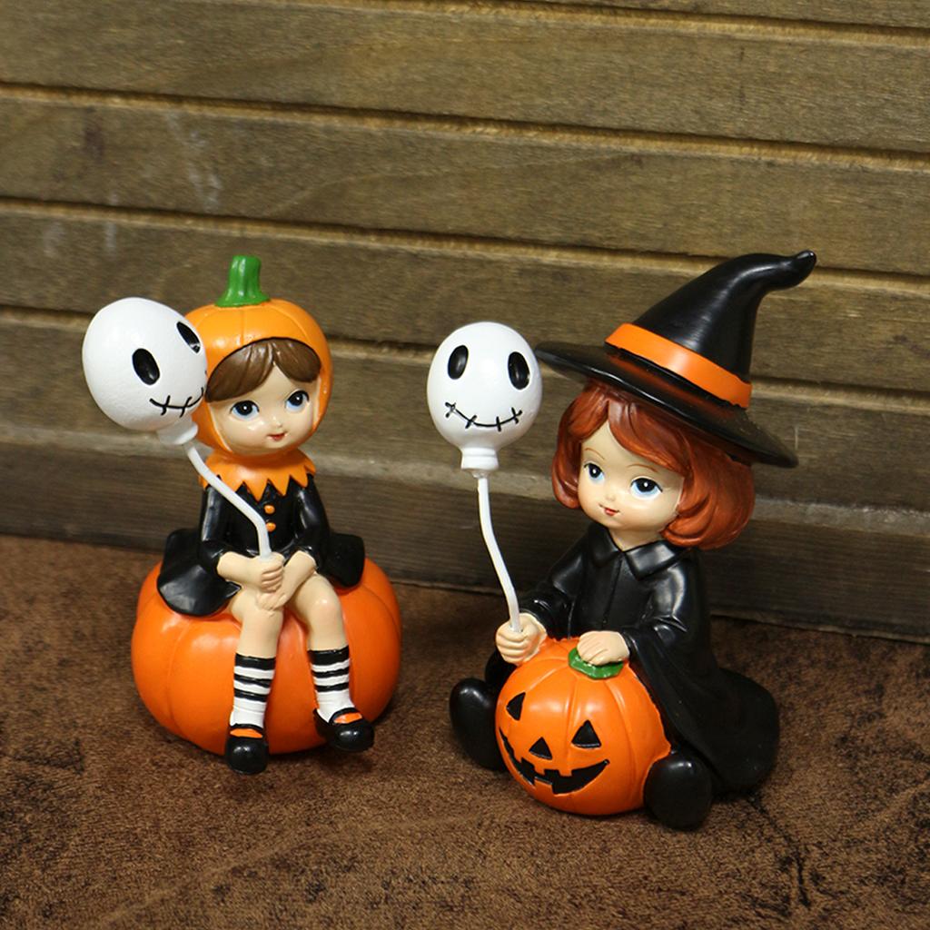 2pcs pumpkin witch sisters flowers, creative Halloween garden micro landscape scene layout, witch holding balloons, family gifts