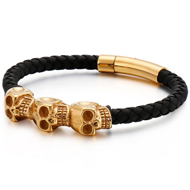 Bracelet tressé en cuir rouge noir pour hommes, en cuir de vache, Punk Rock gothique, en acier inoxydable 316L, bijoux tête de crâne