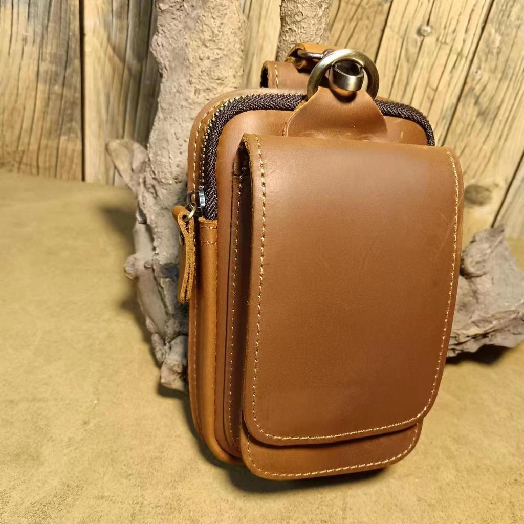 Head layer Crazy Horse Skin Waist Bag, Genuine Leather, Foreign Trade Men's 6-inch Mobile Phone Bag, External Hook, Wearing Belt, Small Waist Bag