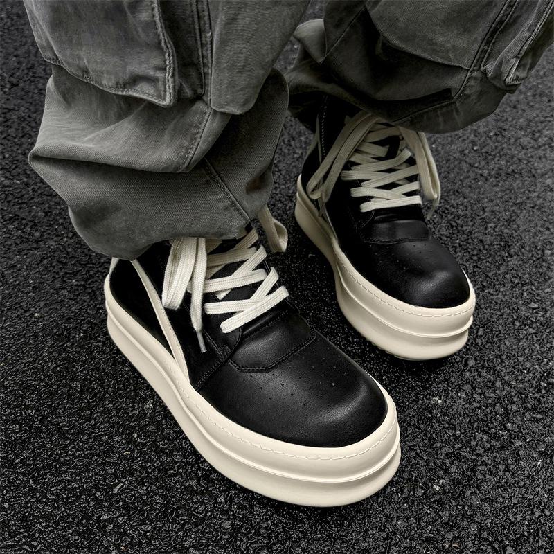 2024 Genuine Leather European & American Trendy Men's High-Top Black & White Thick-Soled Short Boots with Inverted Triangle Design