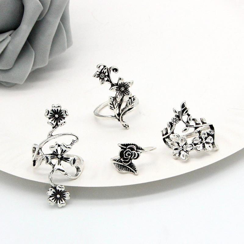 4pcs/set Antique Silver Color Vintage Bohemia Ring Set Rose Flower Rings for Women Charm Bohemia Floral Knuckle Ring