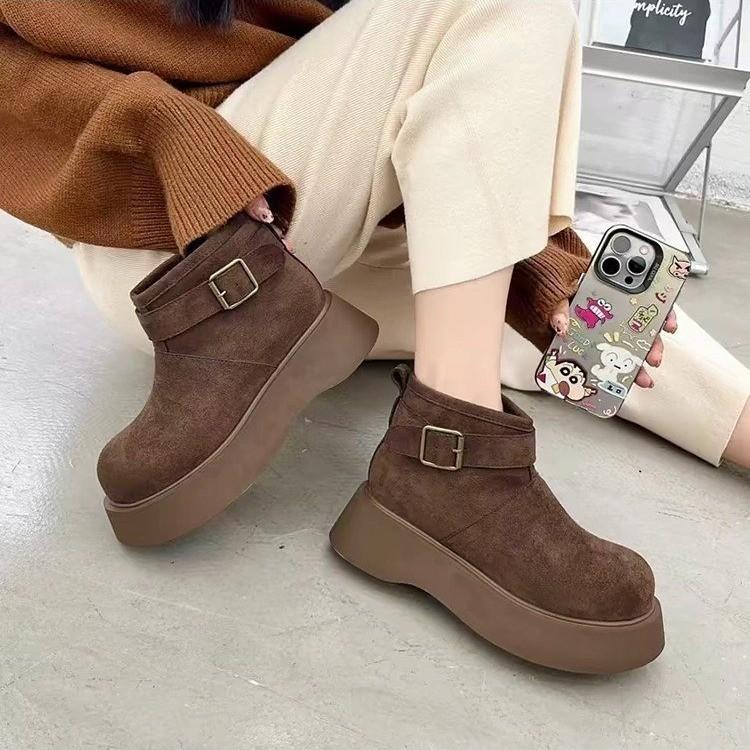 

Зимние ботинки Мартин на высокой толстой подошве, утепленные хлопковые ботинки, женские новые универсальные сноубутсы с круглым носком, тренд 35 темно-коричневого