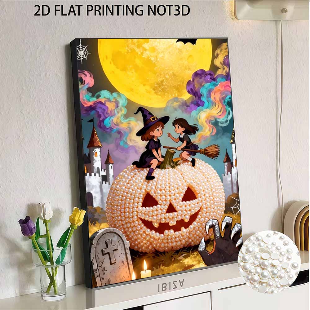 DIY 3D Pearl Painting Canvas Halloween Pumpkin Witches Pattern Relaxing Leisure Craft Kit for Adults Home Wall Art Decor Supplies