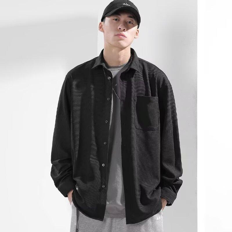 

Рубашка с длинным рукавом, мужская летняя новая тенденция, подростковая рубашка, гонконгский стиль, японский стиль, свободная куртка-рубашка Plus Inch 3XL чёрный