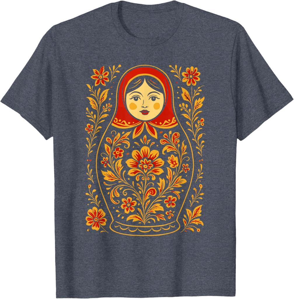 Matryoshka Doll Floral Print Graphic Tee Russian Nesting Folk Art Casual Cotton T-Shirt
