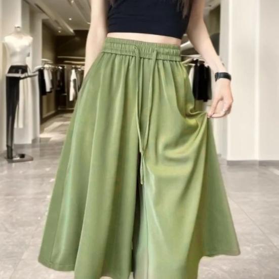Women Skirt Pants Elastic Waist Adjustable Drawstring Ice Silk Cropped Pants Solid Color Casual Loose Fit Culottes