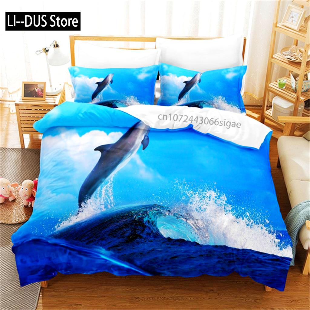 Lovely Dolphin Duvet Cover Blue Ocean Sea Animal Bedding Set Queen King Size Comforter Cover For Women Girls Bedroom Decoration