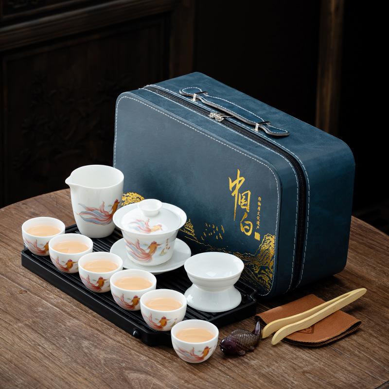 

Suet jade tea set, white porcelain travel kung fu tea set, tea tray, complete set of cover bowls, tea cups, business gifts, high-end merchants