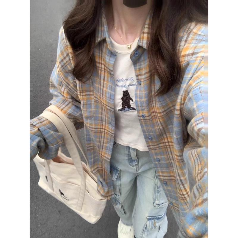 Women's Retro Black & Pink Plaid Shirt - Spring/Autumn 2024 Collection: Loose, Casual, Lazy Style, Long Sleeve Jacket Design.