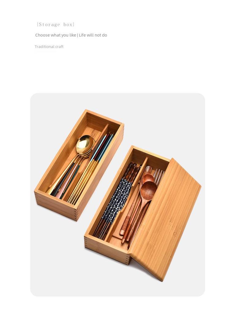 Engraved Tableware Storage Box with Cover: Japanese Chopstick, Spoon, and Fork Compartment