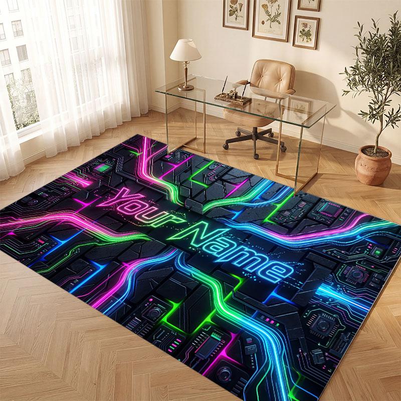 City Cyberpunk Theme Crystal Velvet Floor Rug Personalized Custom Name Text Warm Carpet Home Decoration
