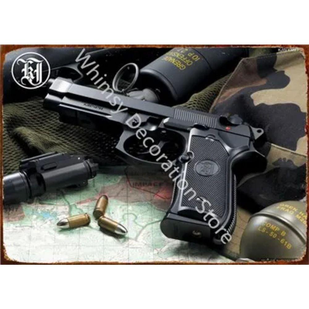 Retro Pistol Tin Sign Metal Wall Art for Home Bar Club Decor