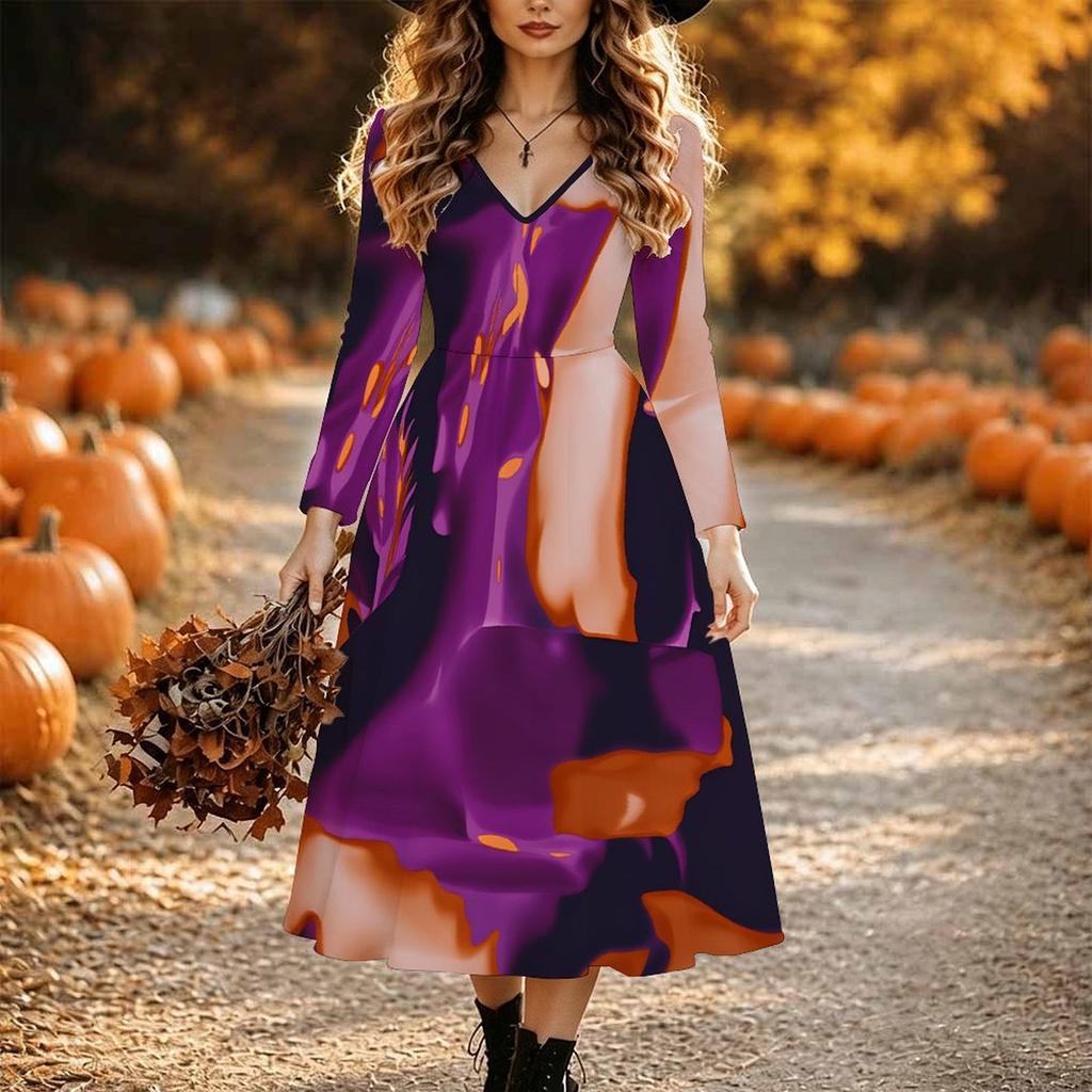 Halloween Women's Butterfly Print Midi Dress A Line Dress Vacation Casual Daily Regular Fit Long Sleeve V Neck Black Spring Fall