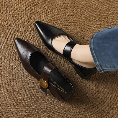 Fashion Women's Thick Heel Shoes Autumn New Pointed Head Shallow Mouth Metal Buckle Soft Sole Non-slip Low Top Shoes