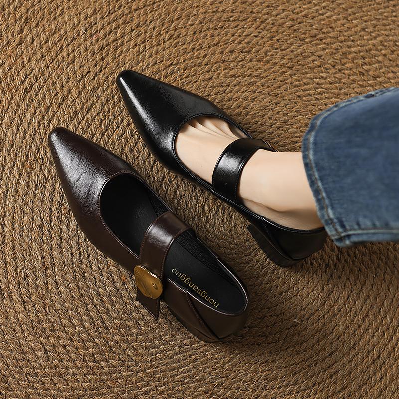 Women's Thick Heel Shoes Autumn New Pointed Head Shallow Mouth Metal Buckle Soft Sole Non-slip Low Top Shoes