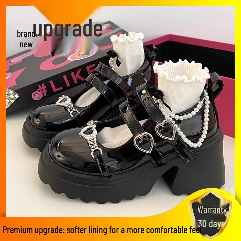 Spring 2025 Dark Style Mary Jane Shoes: Sweet Heart Design, Thick Soles, Height-Increasing, Leather.