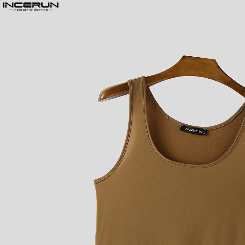 INCERUN Men Sleeveless Solid Color Thin Semi-Sheer Bodysuits Jumpsuits Short Rompers Underwear