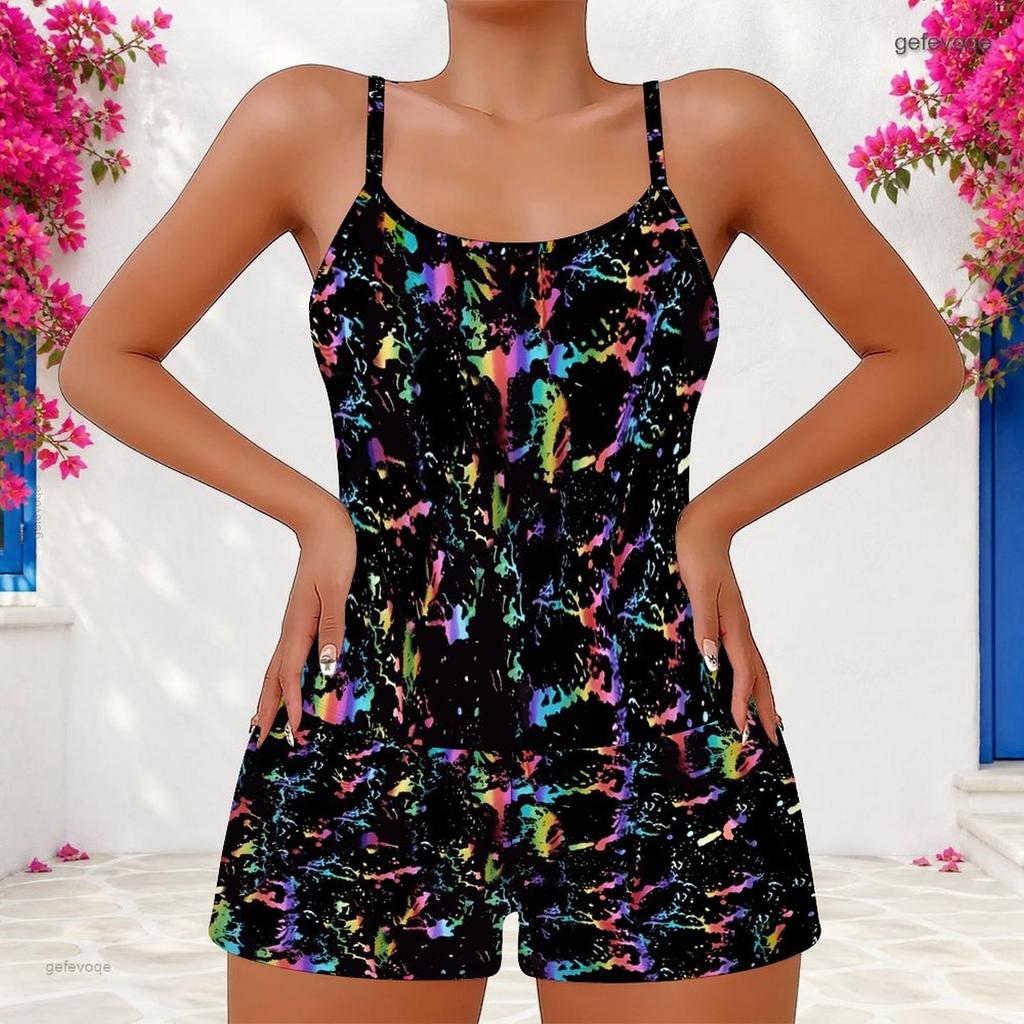 Women Plus Size Scoop Neck Strappy Tank Top Floral Printed Navy Blue Two Piece Shorts Set
