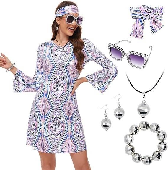 70s Hippie Disco Gogo Dress with Headscarf Two Piece Set for Halloween Party