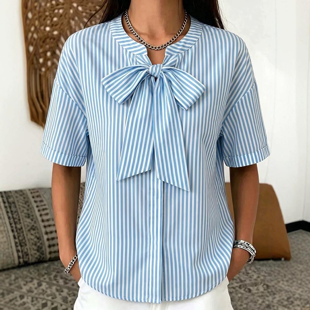 Women Loose Fit Striped Short Sleeve Blouse with Bow Tie Front Casual Relaxed Fit Top for Everyday Wear Office Work