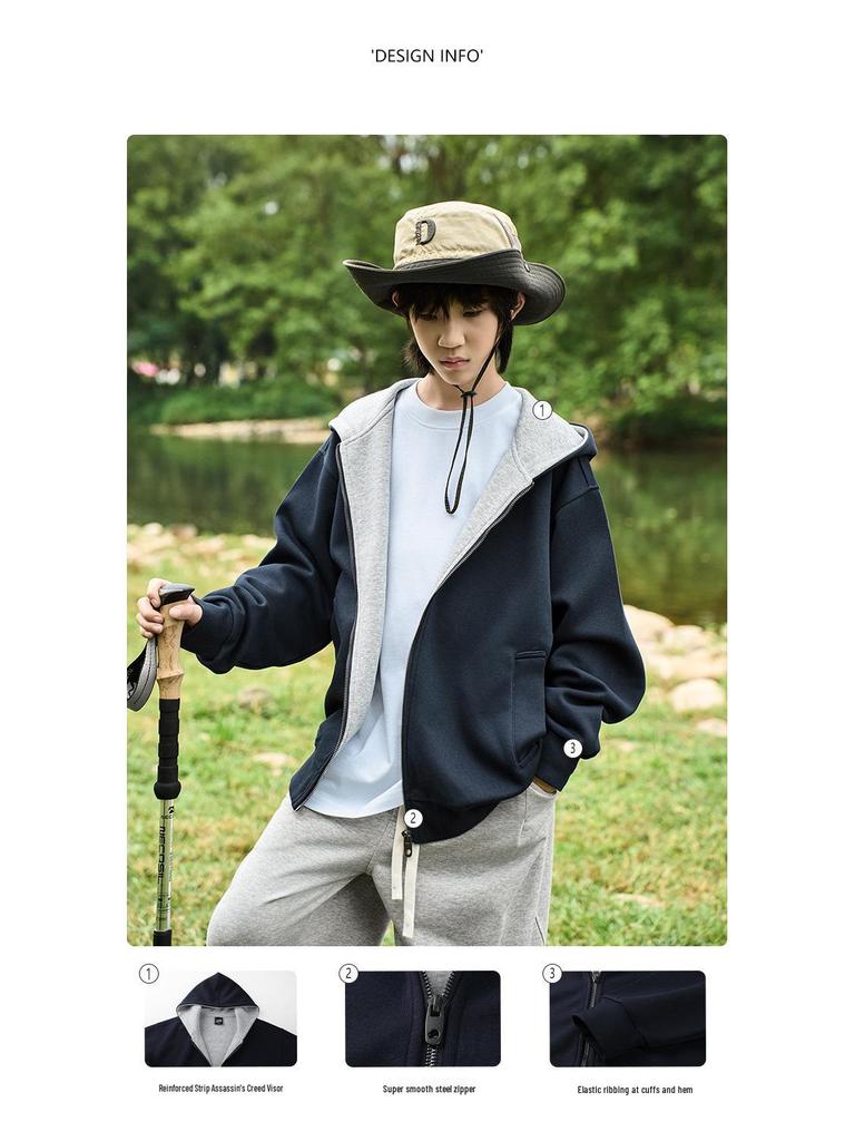 Męska bluza z kapturem i zamkiem, kardigan, niebiesko-szara - Rozmiar od M do L