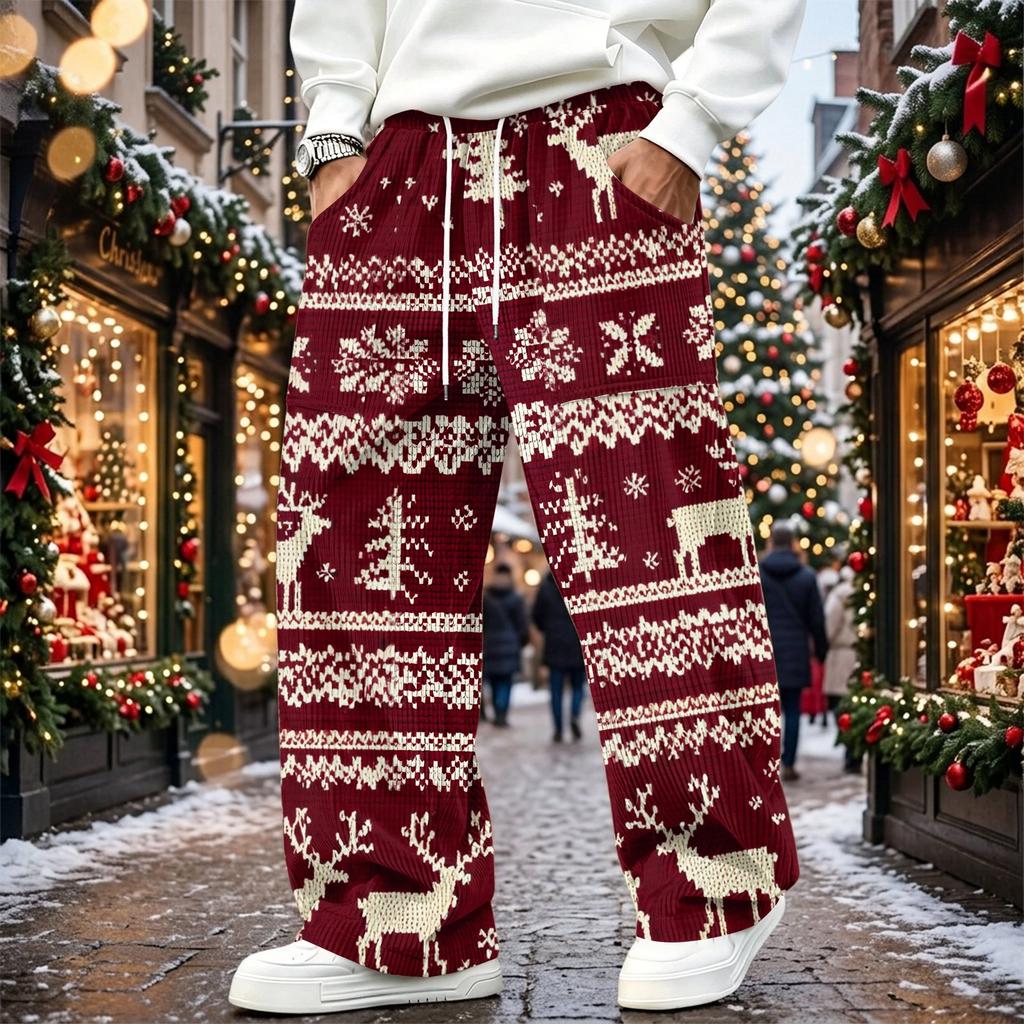 Men's Corduroy Pants Loose Fit Straight Leg Elastic Waist Casual Christmas Print