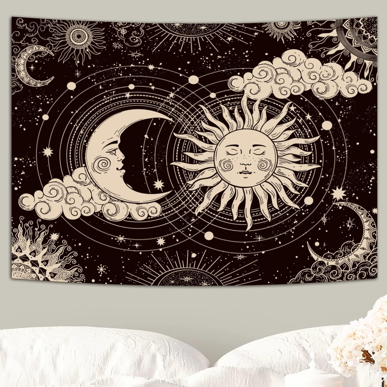 

VIKAMA Sun and Moon Totem Tapestry Bohemian Black and White Starry Sky Wall Hanging for Bedroom Living Room Dorm Home Decor 74x94cm(29x37in)