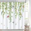 Green Leaf Plant Shower Curtain Leaves Pink Flower Bird Butterfly Potted Plants Botanical Bathroom Decor Polyester Bath Curtain