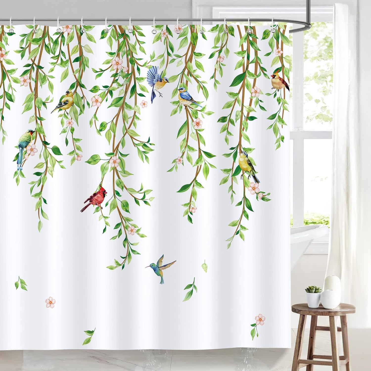

Green Leaves Birds Shower Curtain Spring Hanging Vine watercolour Leaf Bath Curtains Polyester Fabric Bathroom Decor with Hooks 90x180cm-35x70in
