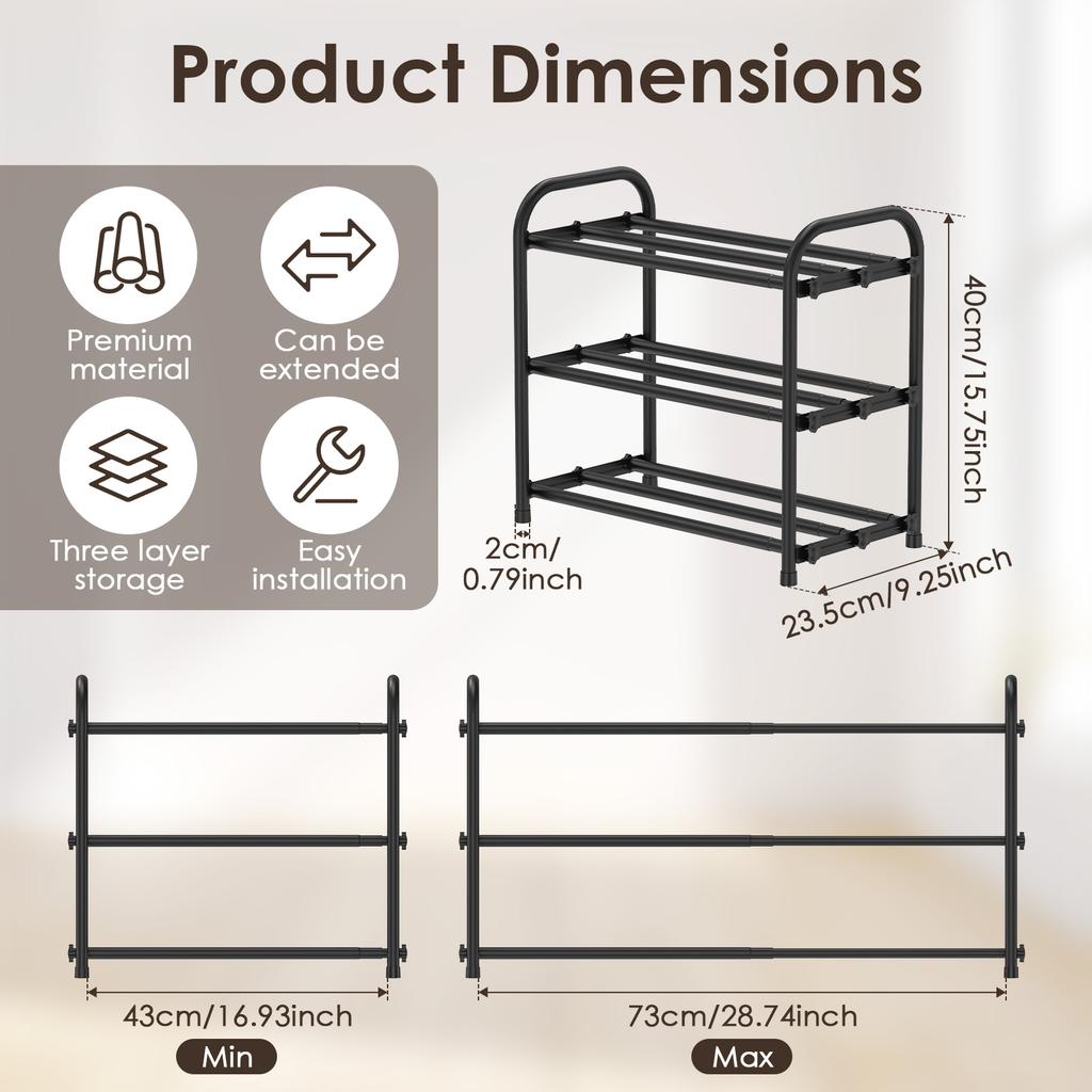 3 Ebenen Ausziehbarer Metallschuhständer Haushalt Mehrstöckiges Teleskopisches Schuhregal für Eingangsbereich Flur Tür Platzsparend