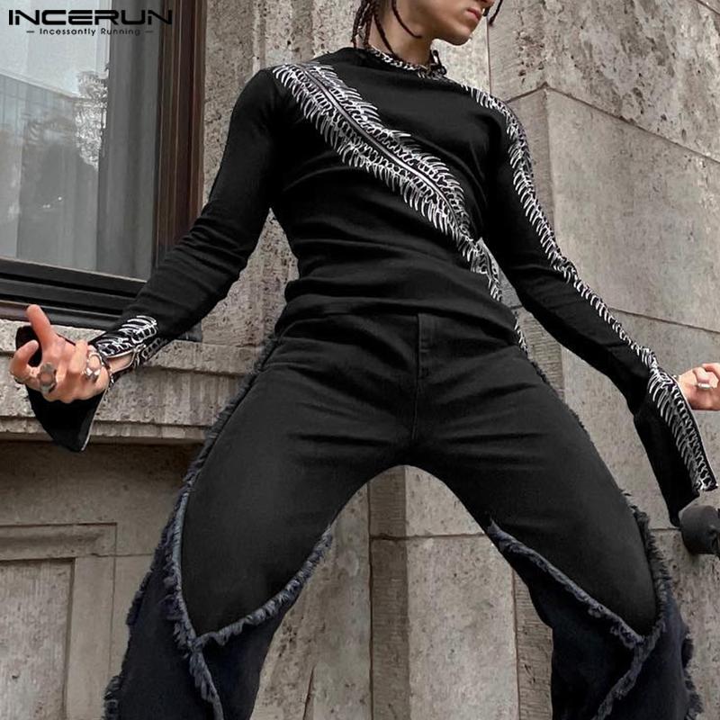 INCERUN Men Spring Long Sleeve Print Undershirts Casual Slim Zipper Hem Tops