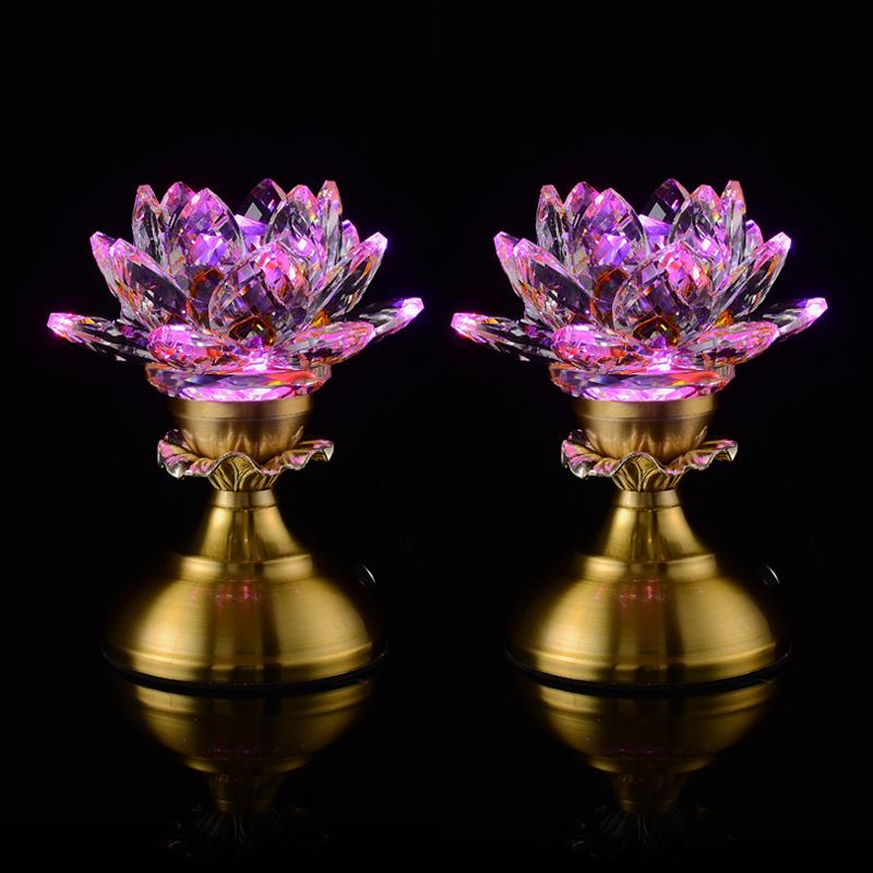 Seven-Color LED Crystal Lotus Lamp for Buddha and Guanyin Offerings