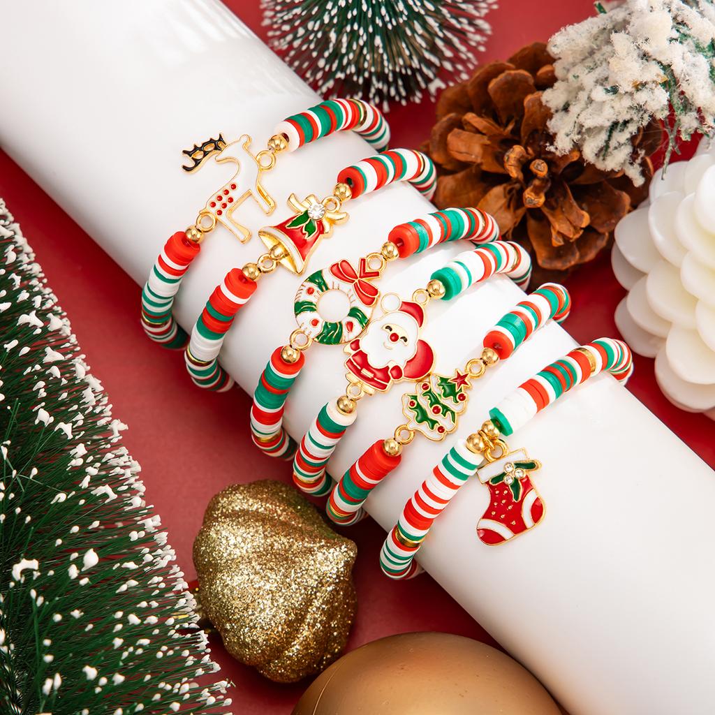 SHIXIN 6Pcs/Set Cute Santa Claus Christmas Tree Socks Elk Charm Bracelet Women Polymer Clay Beaded Bracelets New Year Jewelry